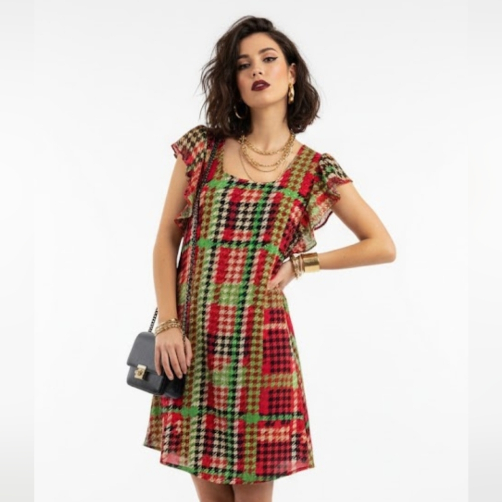 Urban Love Retro Mod Houndstooth Mini Dress,Ruffle Sleeves, Multi-Color, Size L